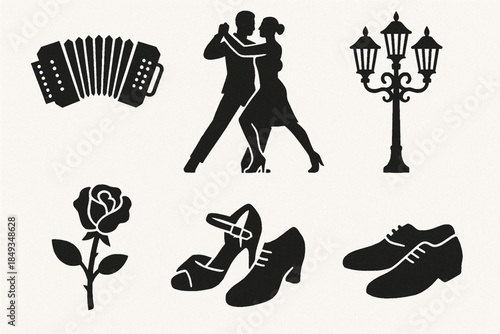 Tango Culture Icon Set with Bandoneón, Dancers and Street Motifs in Flat Vector