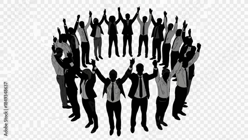 Group of businesspeople in a circle with raised hands forming a united gesture together.
