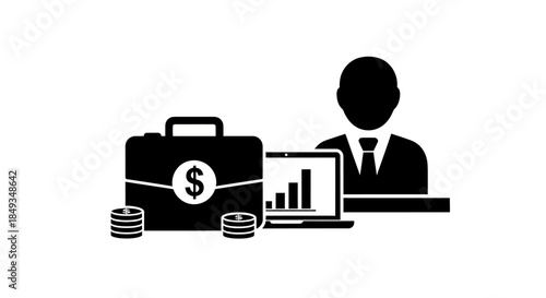 Businessman working on laptop with briefcase and money showing financial graph