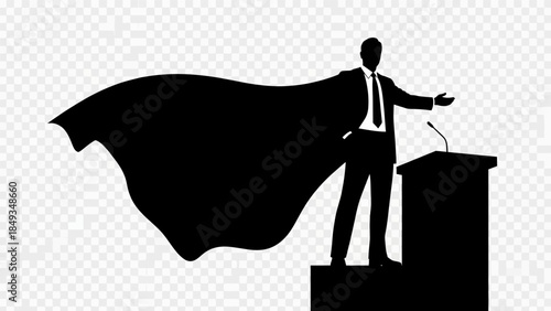 Businessman in a suit and tie stands at a podium with a cape flowing behind him giving a speech.
