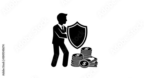 Man in suit holds shield protecting stack of money and coins in financial security concept illustration.