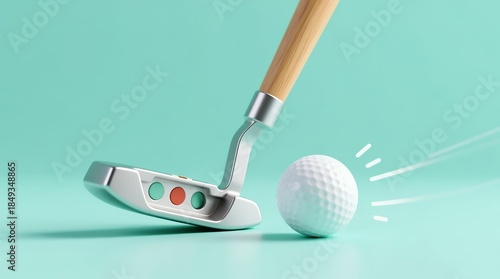 Minimalist close up of a modern putter striking a golf ball on a mint teal background