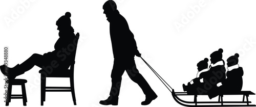 Black vector silhouettes of winter family scene featuring father pulling children on sled and mother resting on chair with stool.
