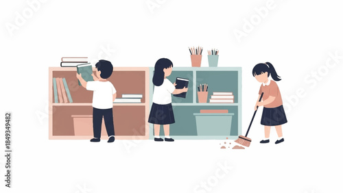 Three children cleaning and organizing a classroom with books and school supplies on shelves with a plain white background.