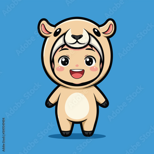 Cute baby in a bear costume standing on a blue background.