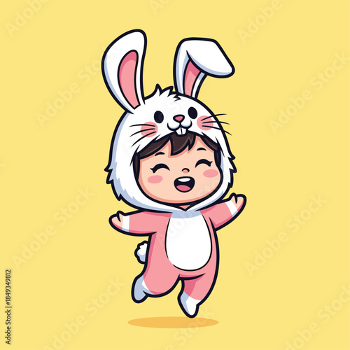 Cute Baby Wearing Pink Bunny Costume Jumping Happily.