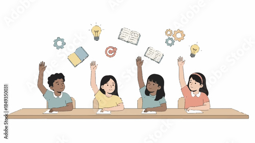 Diverse group of curious students raising hands to answer questions in a classroom setting, symbolizing education and learning