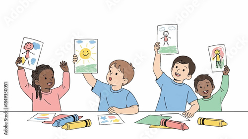 Children proudly displaying their colorful drawings and crayons, showcasing creativity and artistic expression