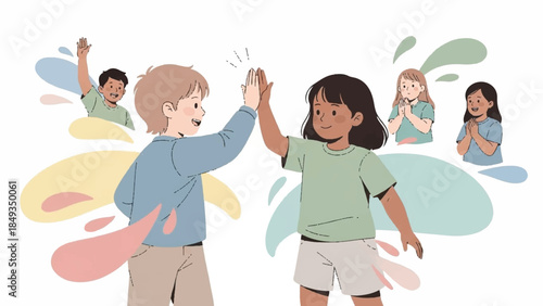 Illustration of two children high-fiving with colorful abstract shapes and other kids in the background on a white background with a playful mood.