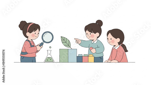Three young girls engaging in a science experiment with a magnifying glass and various equipment on a table against a clean white background with a playful and educational mood.