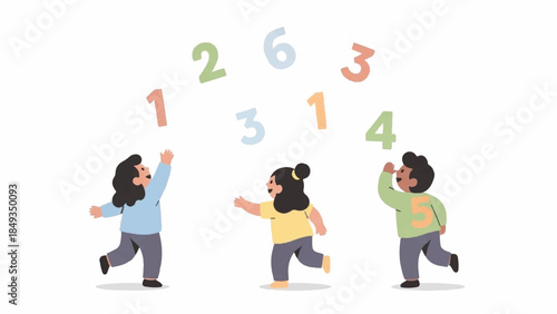 Flat illustration of three children running and catching colorful numbers in mid-air against a clean white background.