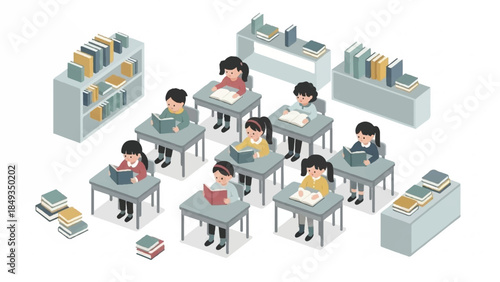 Isometric illustration of children sitting at desks in a classroom with books and desks arranged around them on a white background.