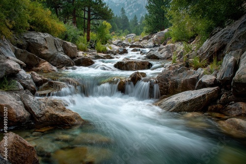 Serene Mountain Stream Flowing Through Rocky Landscape in Nature