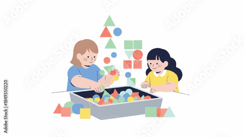 Two children playing with colorful building blocks in a box on a white background with a joyful mood.