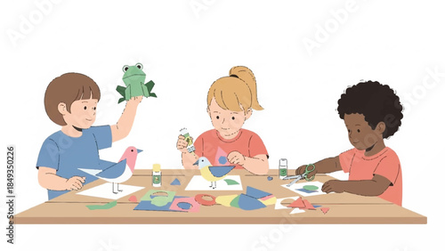 Three diverse children engaged in a creative arts and crafts activity at a table with colorful materials against a clean white background.