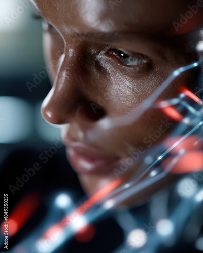 This image captures a close-up view of a humanlike robot face, showcasing its intricate details and the convergence of technology and humanity in modern design.