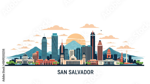 San Salvador Cityscape Illustration with Mountains and Sun