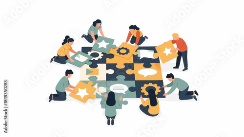 Illustration of diverse group of people collaborating on jigsaw puzzle pieces with stars, on a white background, conveying teamwork and problem-solving.