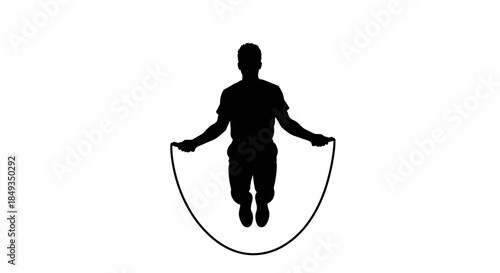 A person jumping with a skipping rope in mid-air, captured from the front, in a simple, clean background.