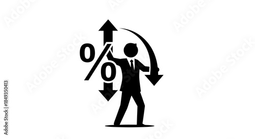 Businessman manipulating percentage signs with arrows in a graphic illustration.