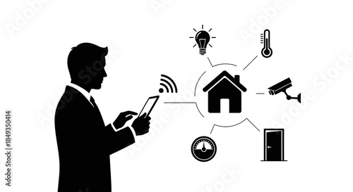 A man controls a smart home system using a tablet with various icons connected to the house.