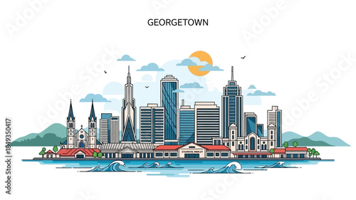 Vibrant vector illustration of a bustling city skyline, showcasing modern and classic architecture along a waterfront with sun and clouds, perfect for travel and urban themes