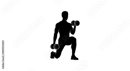 A man in a lunge position performs a dumbbell exercise in a simple, white-background illustration, showcasing fitness and strength from a straightforward viewpoint.