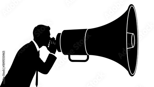 Businessman using megaphone for announcements in a professional setting with loudspeaker.