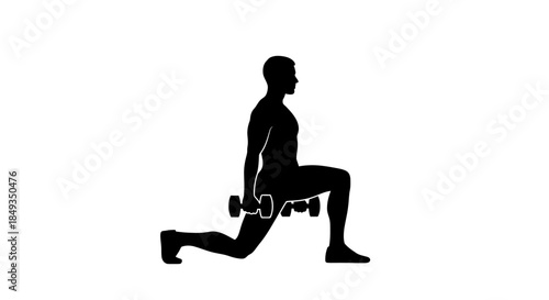 A man performs a lunge exercise with dumbbells in a silhouette illustration, showcasing fitness and strength training.