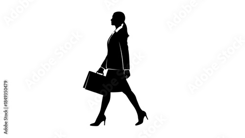 A silhouette of a businesswoman walking with a briefcase in her hand on a white background.