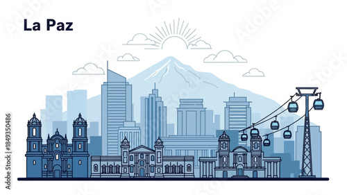 Dynamic Cityscape Illustration with Cable Car System, Diverse Architecture, and Majestic Mountains at Sunrise