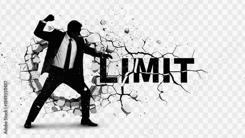 Businessman breaks through cracked wall with LIMIT written on it in a powerful stance.