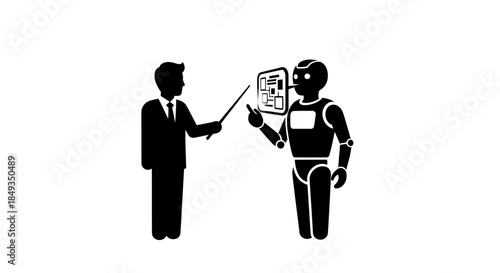 A man in a suit presents to a robot holding a chart in an office setting with technology.