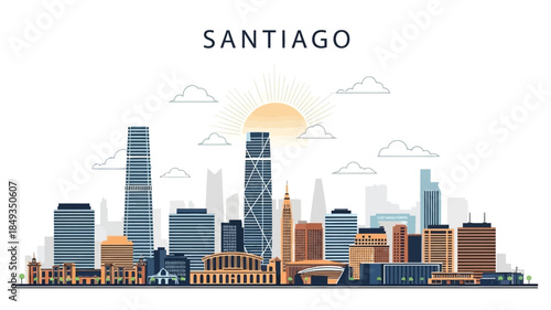 Stylized vector illustration of the Santiago city skyline, showcasing modern architectural buildings under a vibrant sunrise or sunset, ideal for urban travel and development themes