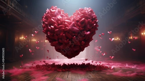 Large Red Heart of Hearts Landing, Romantic Valentine's Day Scene with Falling Hearts and Pink Mist