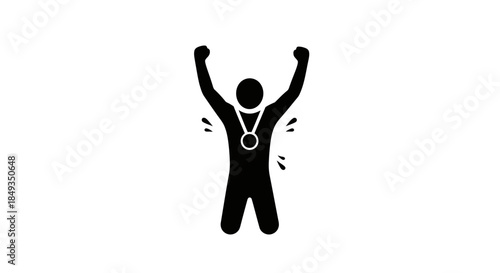 Person wearing a medal is jumping up with raised arms in celebration