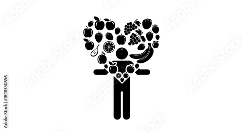 A person silhouette filled with various fruits and vegetables forming a heart shaped head in a graphic illustration.
