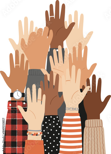 Diverse group of multicultural hands raised up together for unity, volunteering, voting, and community concept, isolated flat vector illustration.