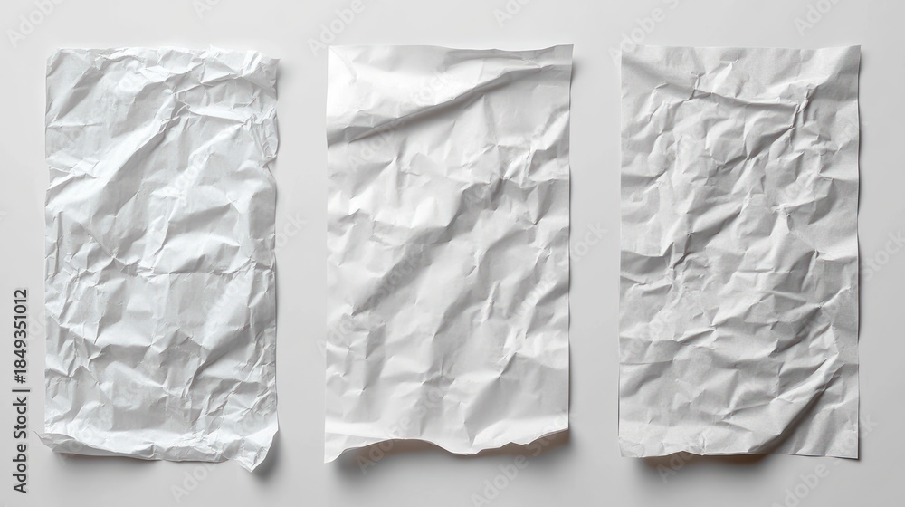 Obraz premium Three crumpled white papers on white background, design element