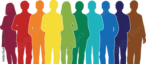 Diverse Group of People Silhouettes Standing Together in Bright Rainbow Colors, Symbolizing Teamwork, Diversity, Unity, Community, Human Resources, and Corporate Business Concepts Vector.