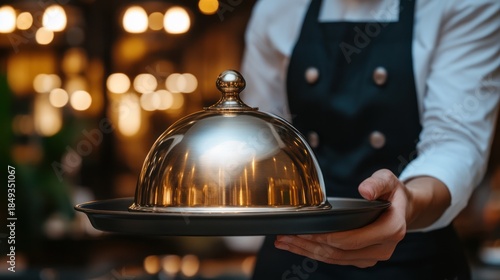Chef serving food under cloche in restaurant