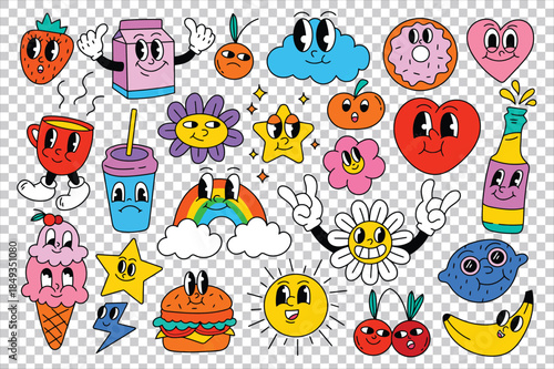 Whimsical Retro Cartoon Characters and Groovy Psychedelic Elements. A Funky 90s Style Collection of Playful Stickers and Mascots for Creative Design