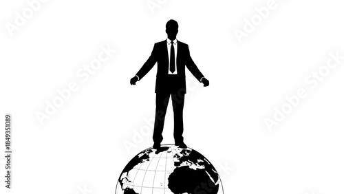 A suited man stands triumphantly on top of the globe, arms outstretched in a powerful gesture.