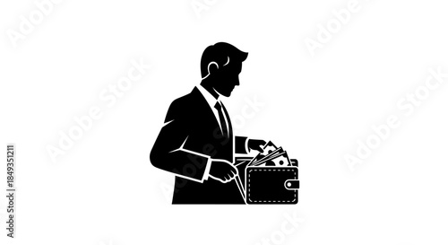 A man in a suit is pulling out papers from a briefcase in an office setting indoors.