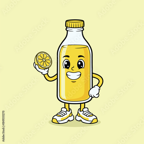 Cute Cartoon Bottle of Lemonade Character Holding a Lemon Slice.
