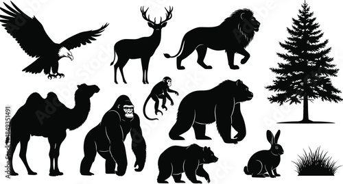 Diverse Wild Animals and Nature Silhouette Vector Set, Eagle Lion Deer Bear Monkey Camel Rabbit Gorilla Tree, Black Wildlife Graphic Collection for Design.