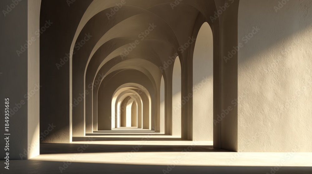 Obraz premium Rendered interior scene featuring a series of arched openings, bathed in warm light
