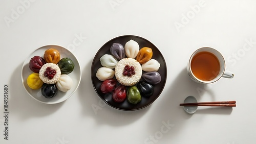 Beautifully arranged korean desserts with tea