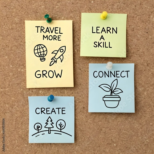 2026 Goals Doodle Sticky Notes on Corkboard Collection