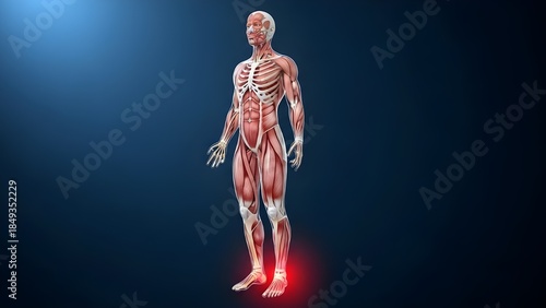 3D medical illustration showing a transparent male foot with a red highlight on the ankle, representing pain, injury, sprain, or inflammation on a blue background